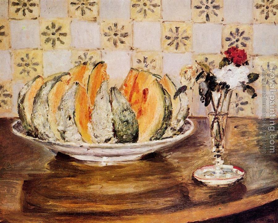 Pierre Auguste Renoir : Still Life with a Melon and a Vase of Flowers